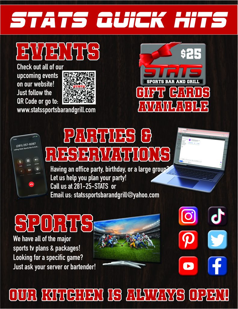Stats quick hits. Events, Gift Cards. Parties and Reservations, Sports. Our Kitchen is always open
